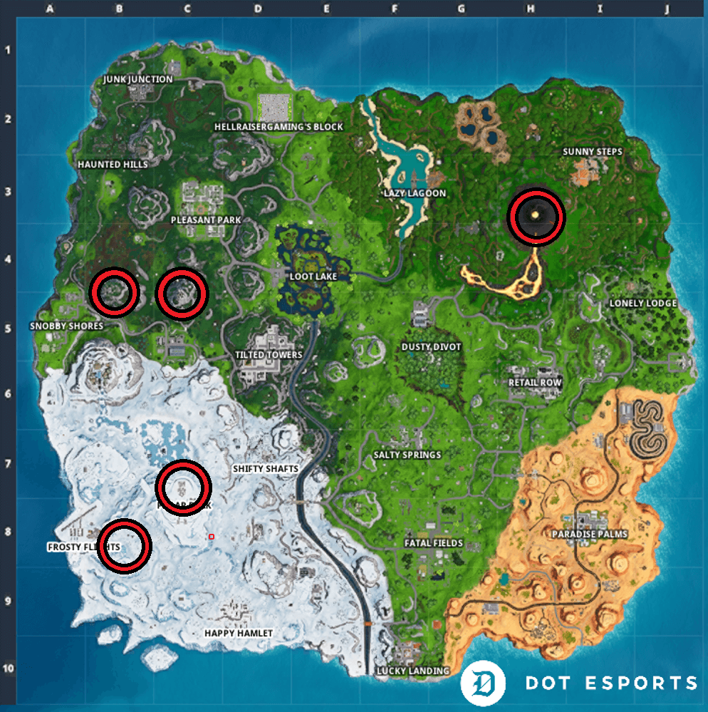 Five Highest Elevations On The Island In Fortnite Fortnite Location Of The 5 Highest Elevations On The Island Season 8 Dot Esports