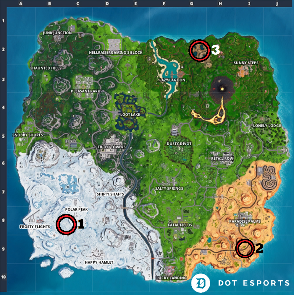 Dance Between 3 Ice Sculptures Fortnite Fortnite Three Ice Sculptures Three Dinosaurs And Four Hot Springs Location Season 8 Dot Esports