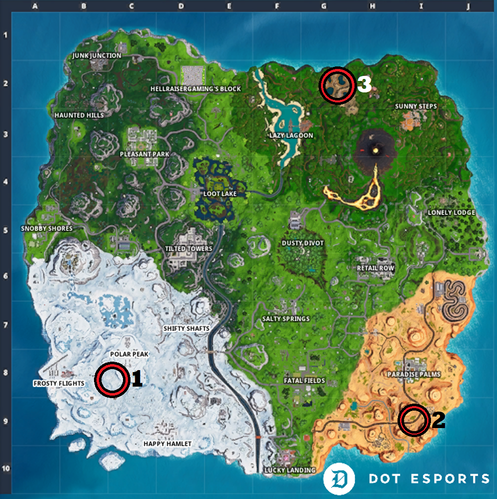 Fortnite Dance Between 3 Hot Springs Fortnite Three Ice Sculptures Three Dinosaurs And Four Hot Springs Location Season 8 Dot Esports