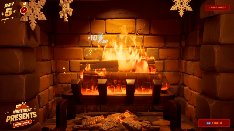 How to warm yourself by the fireplace in the Winterfest Lodge in