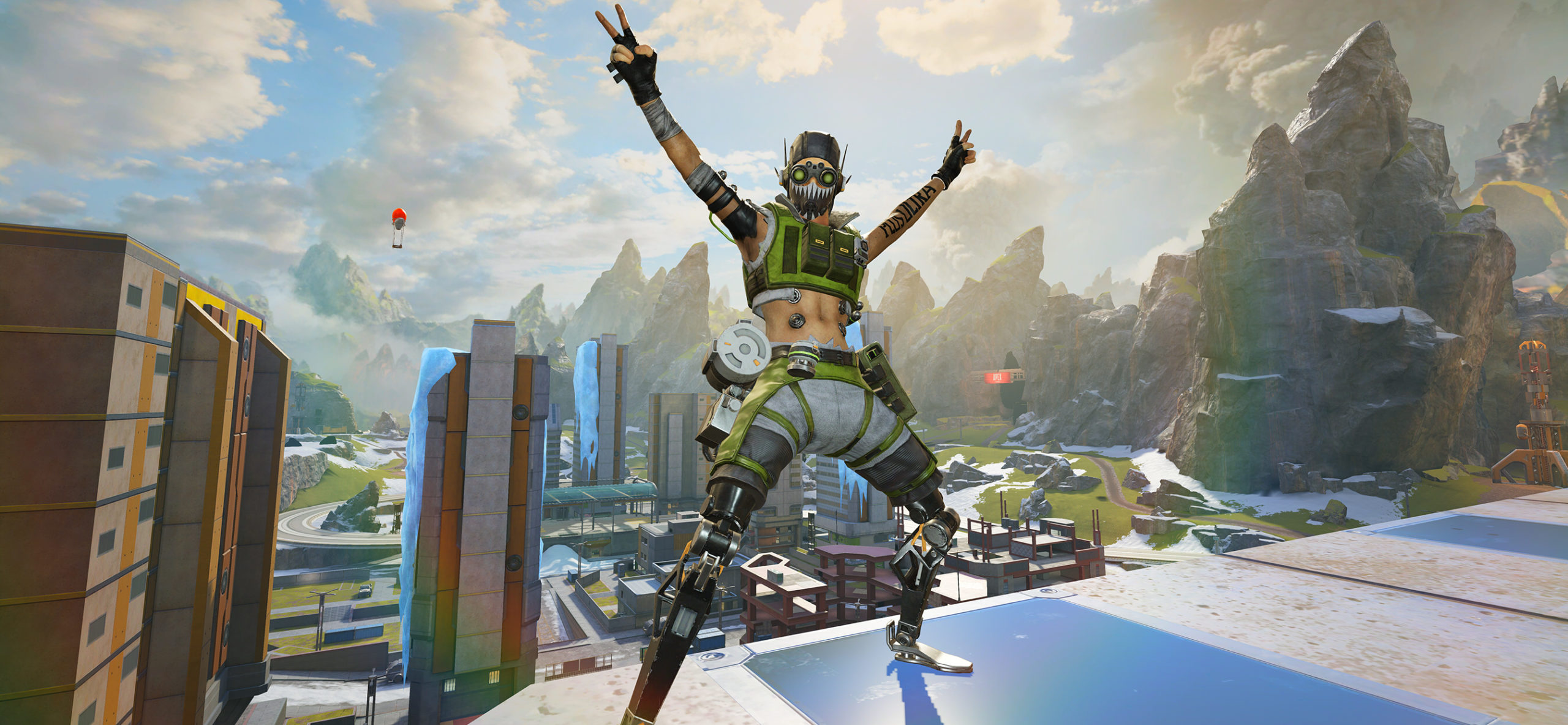 Octane poses in front of Fragment on World's Edge.
