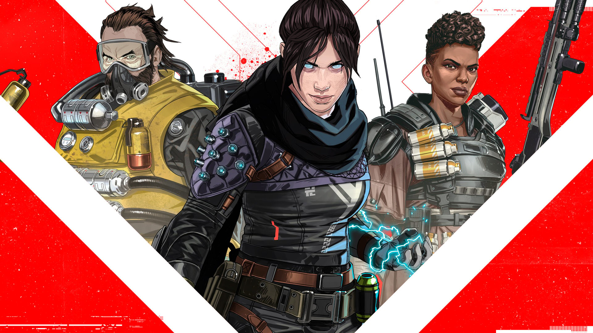 Caustic, Wraith, and Bangalore pose in Apex Mobile's key art.