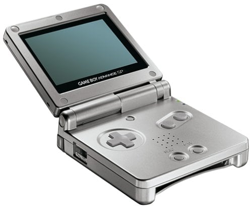 A silver, unfolded Game Boy Advance SP.