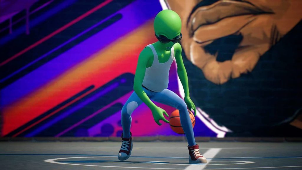Alien in sunglasses dribbling a basketball