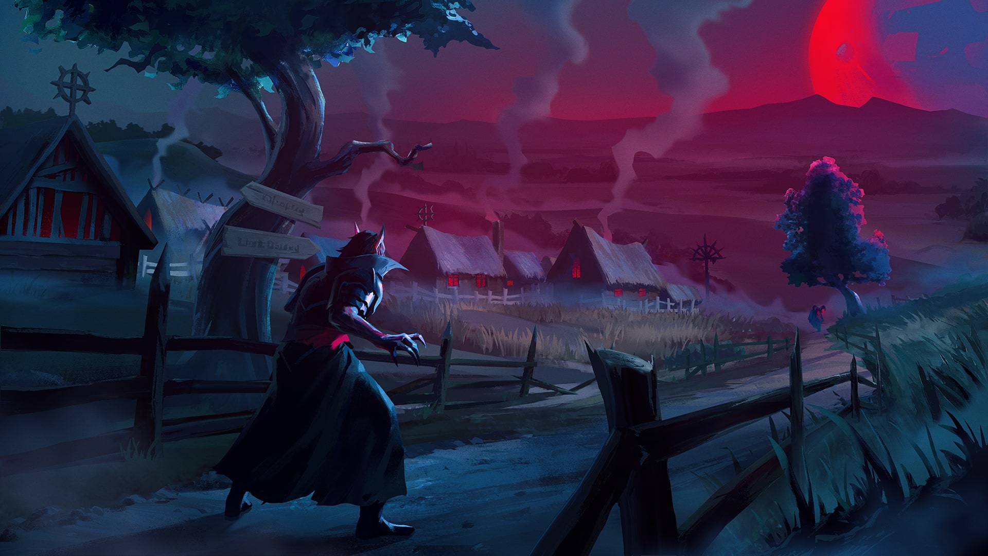 A vampire looks over a small village with a deep red sky.