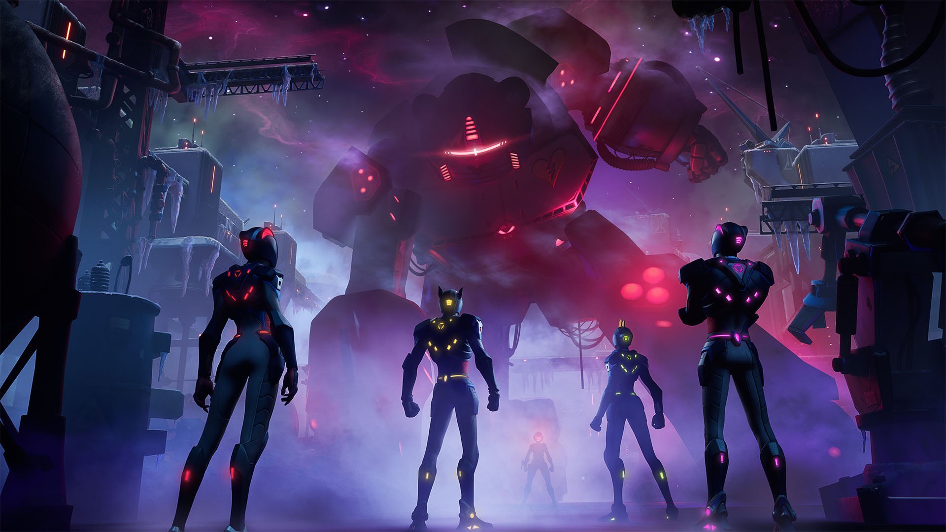 A giant mech punches the ground in front of The Paradigm, while four people in mech control suits look up at it