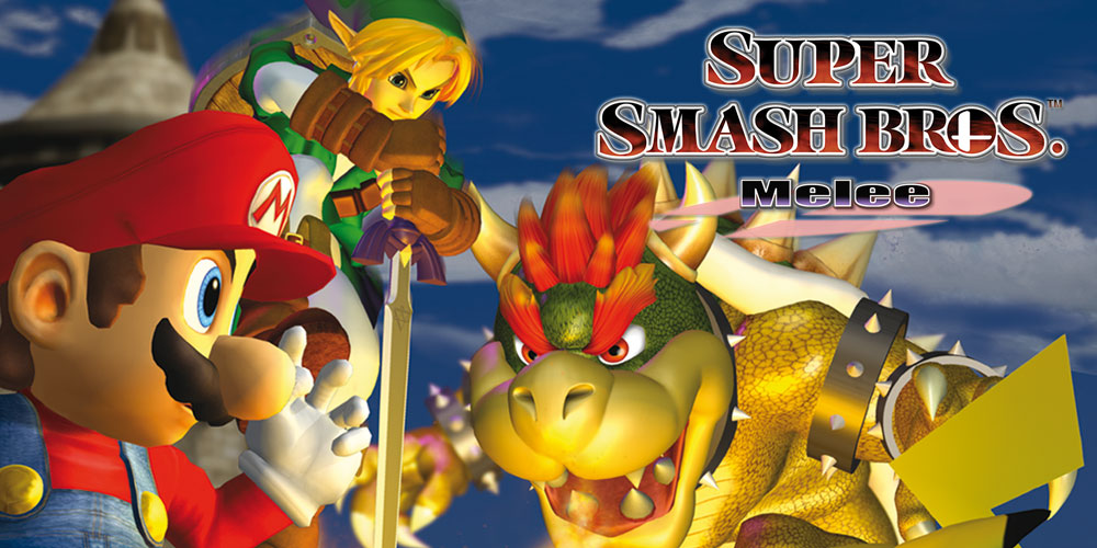 Mario, Link, and Bowser line up in official Smash Bros. Melee art.
