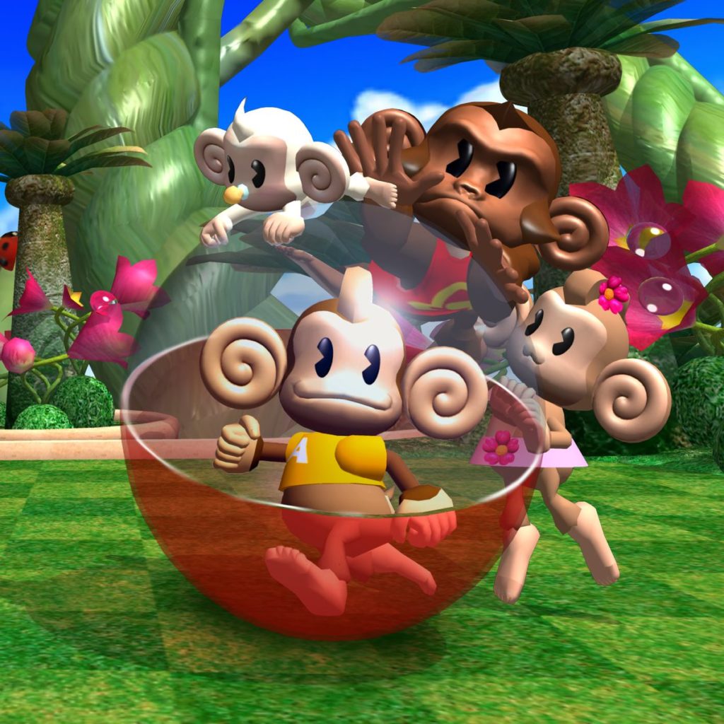 AiAi, MeeMee, GonGon, and Baby roll away on the Super Monkey Ball promo art.