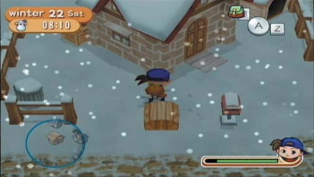The player character deposits a mushroom into the shipping bin during the winter.