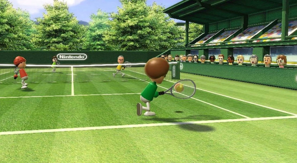 Four Miis play two-on-two tennis in Wii Sports.