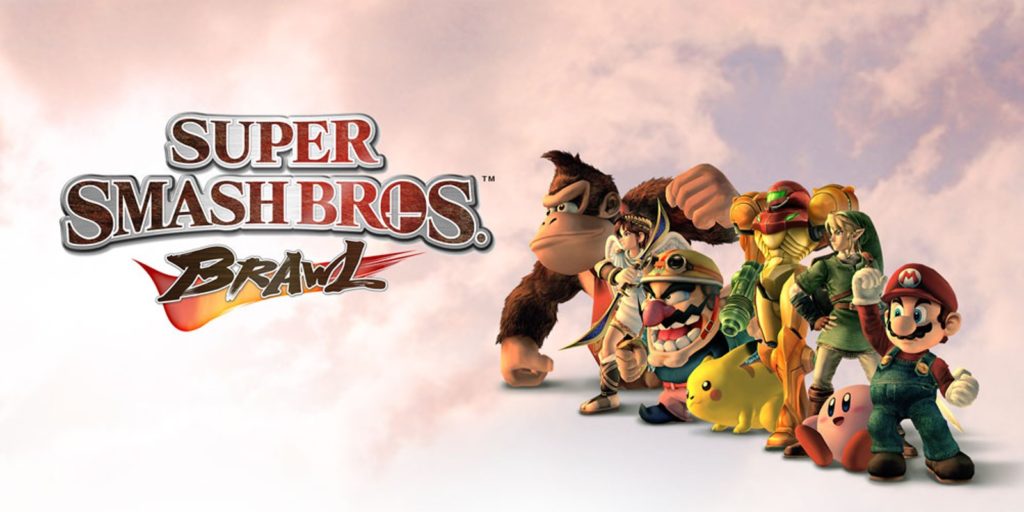 The heroes of Smash Bros. stand next to the game's logo.