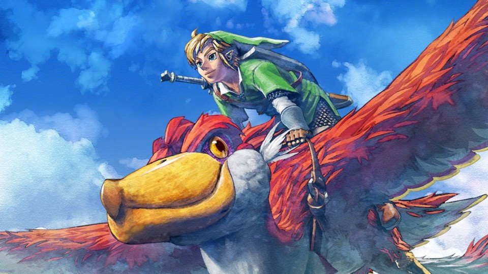 Link rides above the clouds in the Skyward Sword key art.