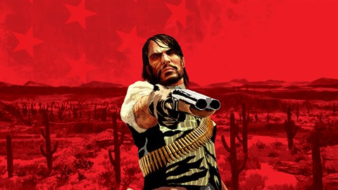 A ne'er-do-well points a gun at the viewer in the official RDR key art.