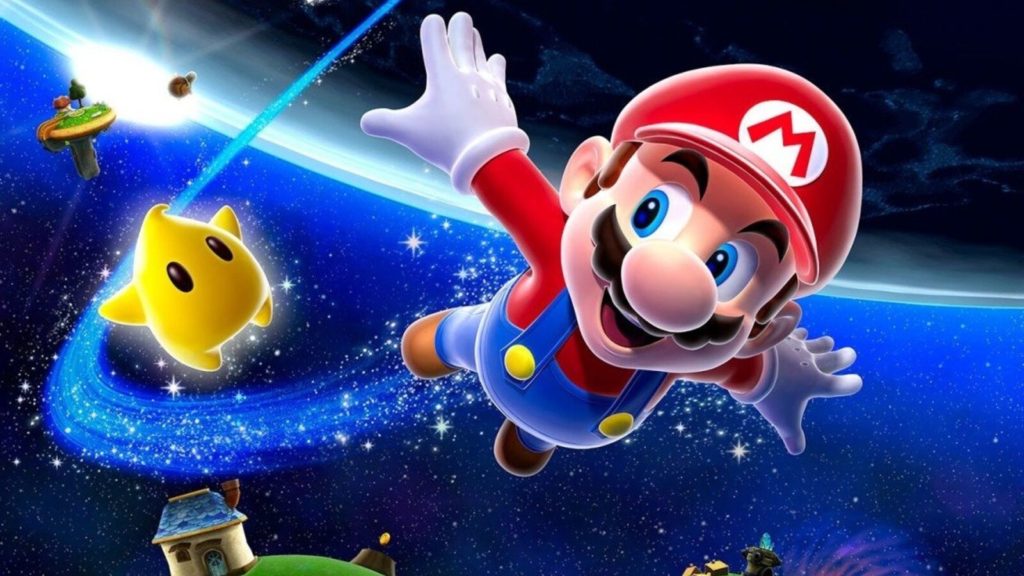 Mario flies through the galaxy with a Luma at his side.