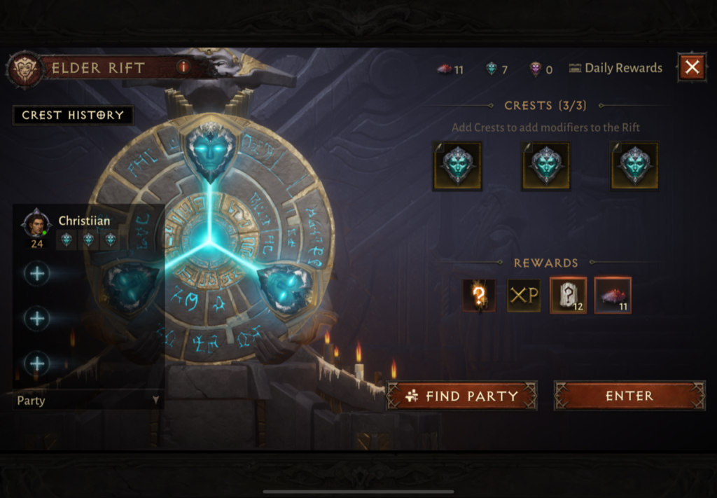A menu for the Elder Rift with three different sites for Crests