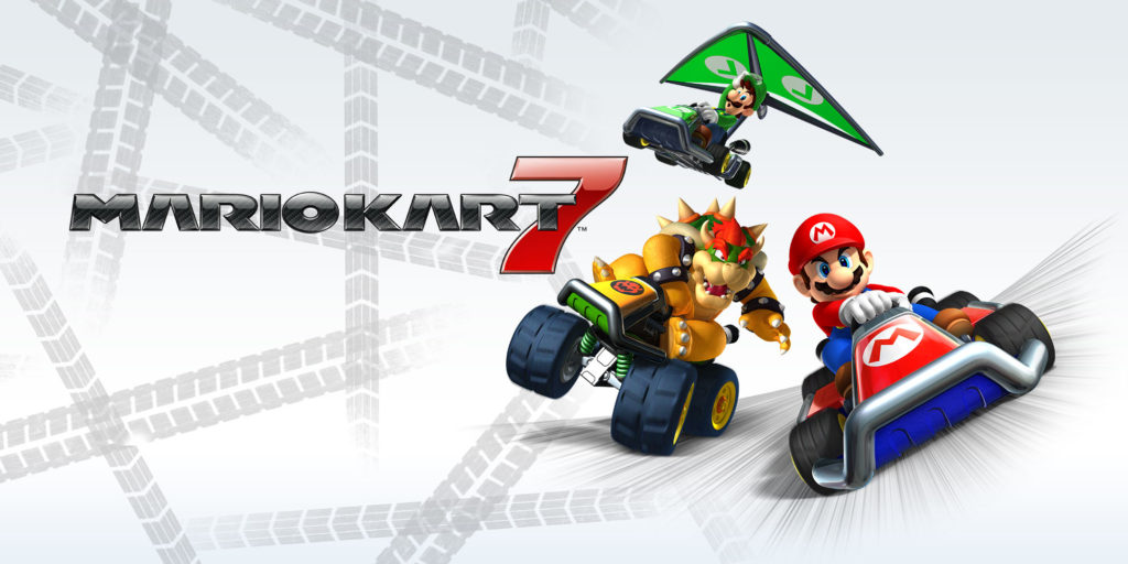Mario races Bowser and Luigi in the Mario Kart 7 cover art.
