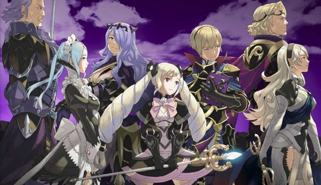 The heroes of Fire Emblem Fates Conquest stand behind the protagonist.