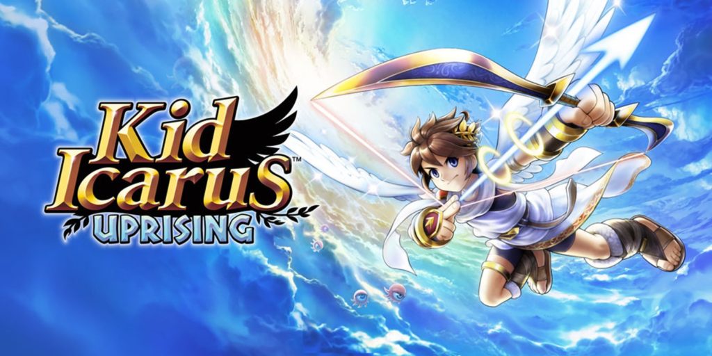 Pit flies above the clouds in the Kid Icarus: Uprising box art.