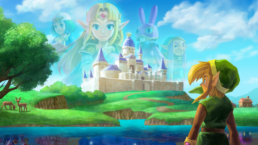 Link looks at Hyrule and Princess Zelda in key art of A Link Between Worlds.