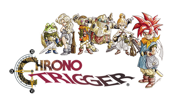 Crono and friends stand around the Chrono Trigger logo in the game's key art.