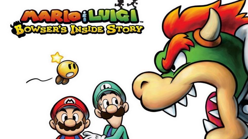 Bowser roars next to a scared Mario and Luigi on the cover art for Bowser's Inside Story.