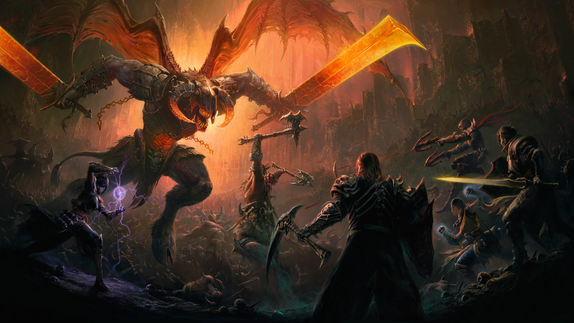 A giant demon roars at characters that make up the different classes in Diablo Immortal