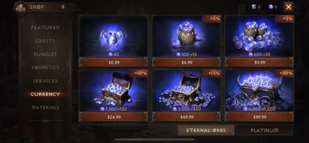 Eternal orbs from diablo immortal in different prices