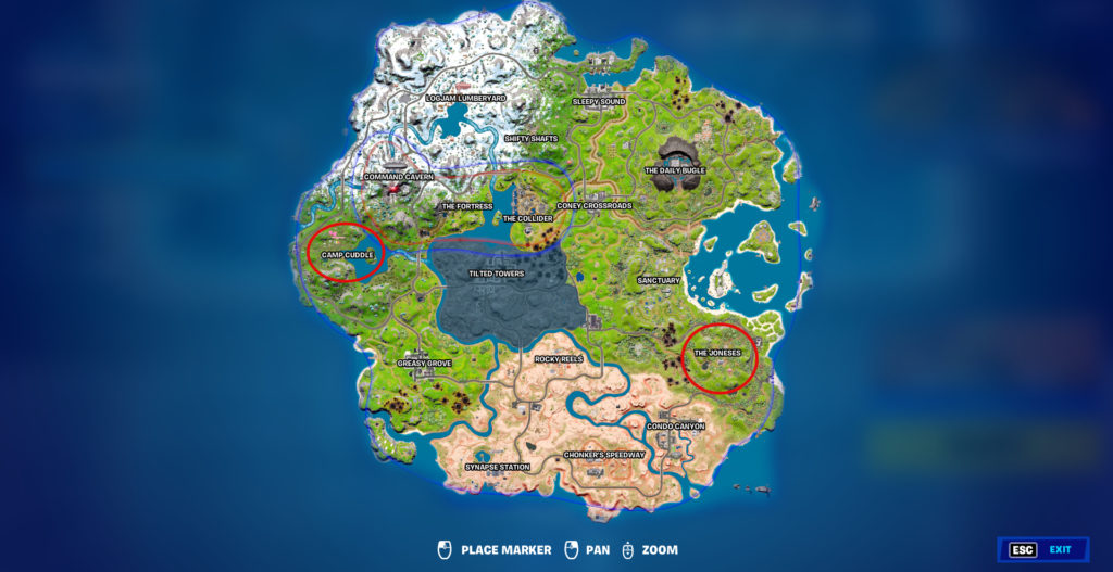 Fortnite map with Camp Cuddle and The Joneses circled