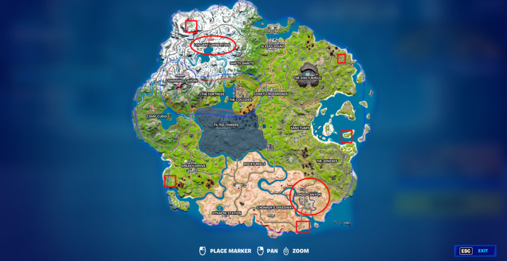 Fortnite chapter 3 season 2 map with logjam lumberyard and condo canyon in circles, other outposts in red squares