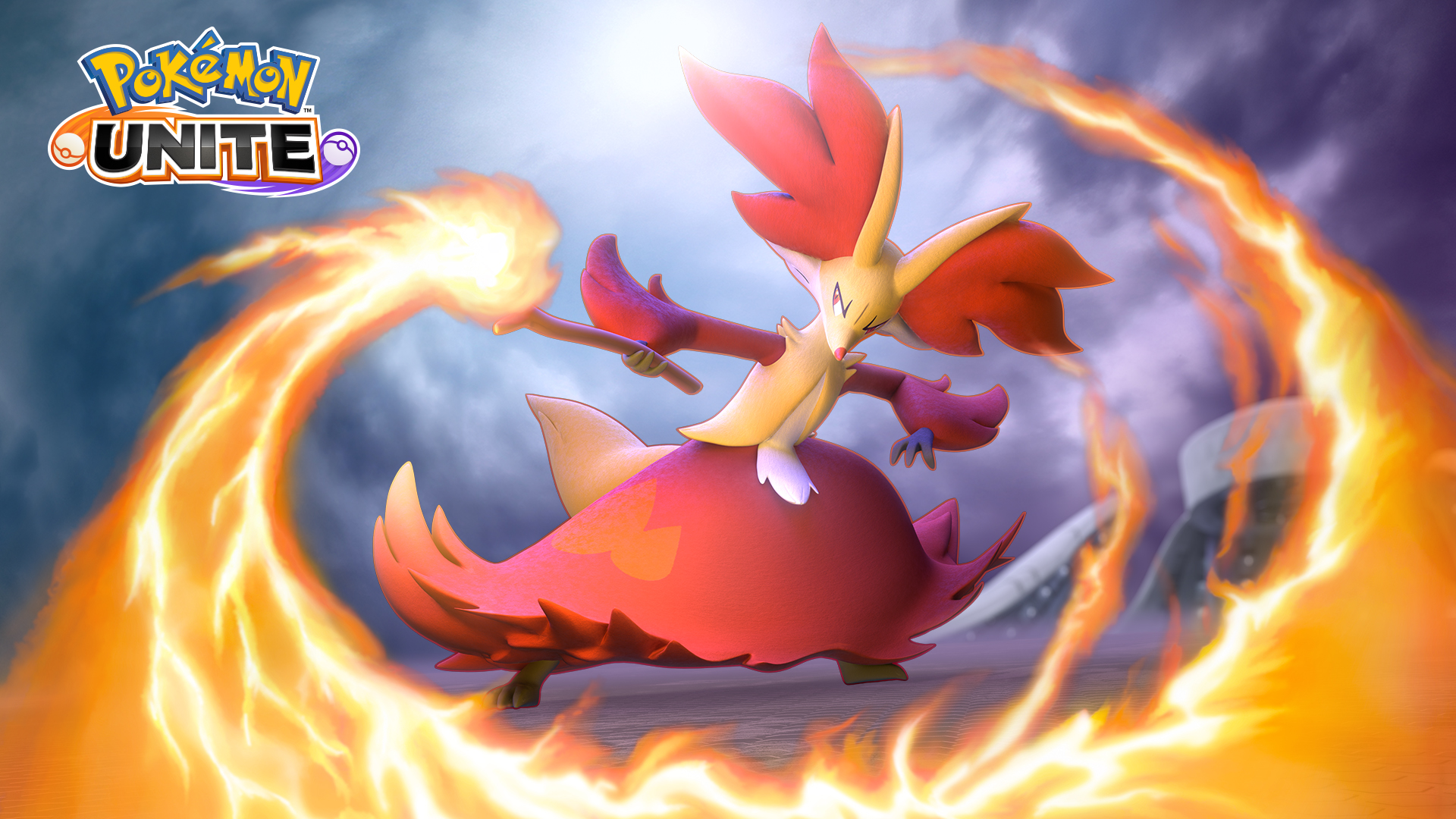 Delphox unleashes a wave of fire in its Pokemon Unite key art.