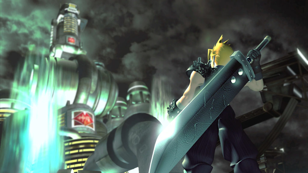Cloud stands in front of Shinra in a screenshot from Final Fantasy VII.