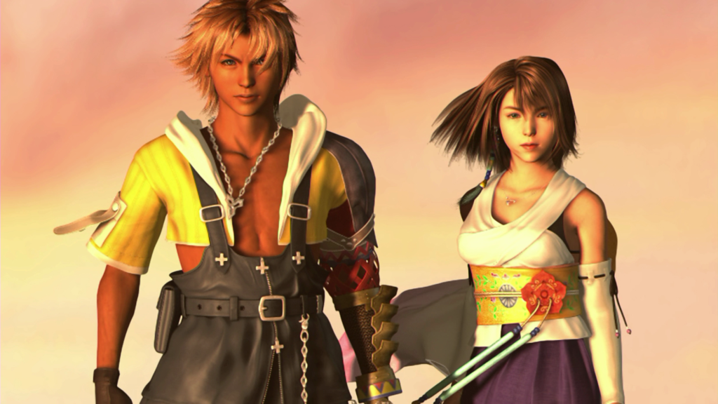 Tidus et Yuna font face au coucher du soleil sur la capture d'écran de Final Fantasy X.