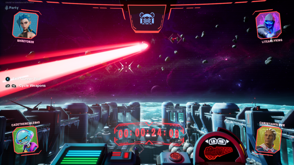 A screen with a reticle and four different characters firing weapons from off-screen