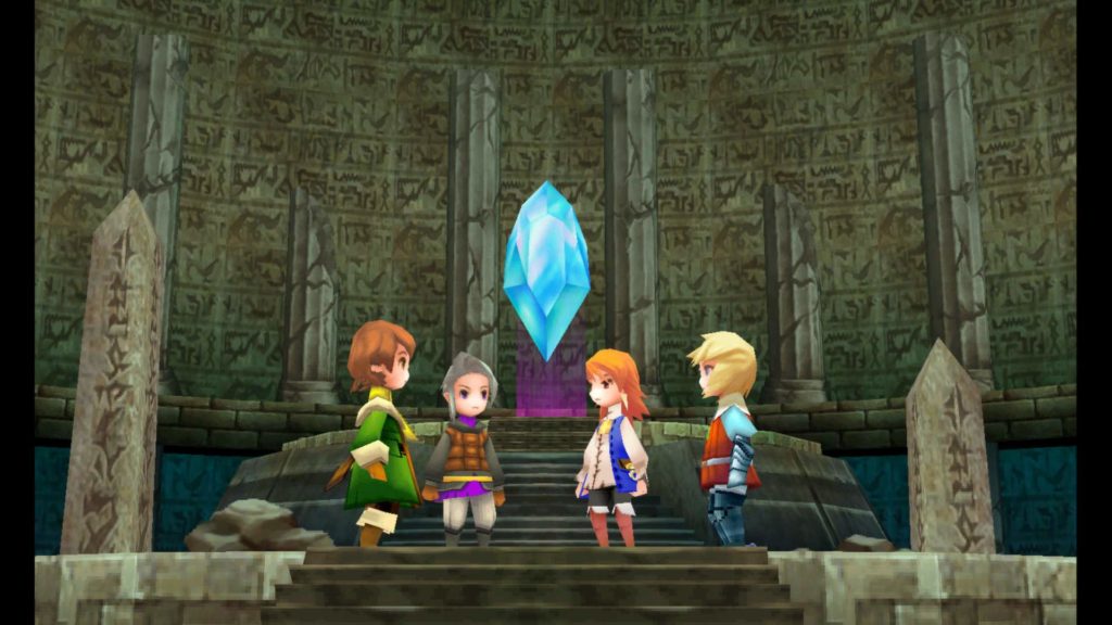 Luneth, Arc, Refia, and Ingus stand around a crystal in Final Fantasy III.
