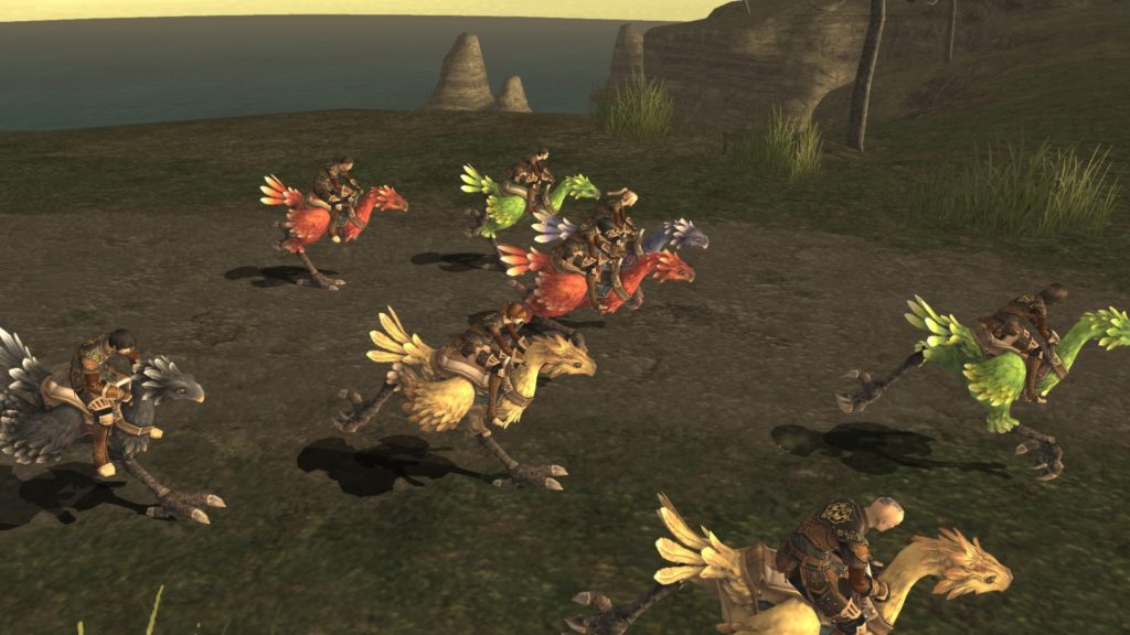 Several chocobos run across the screen with players on their backs.