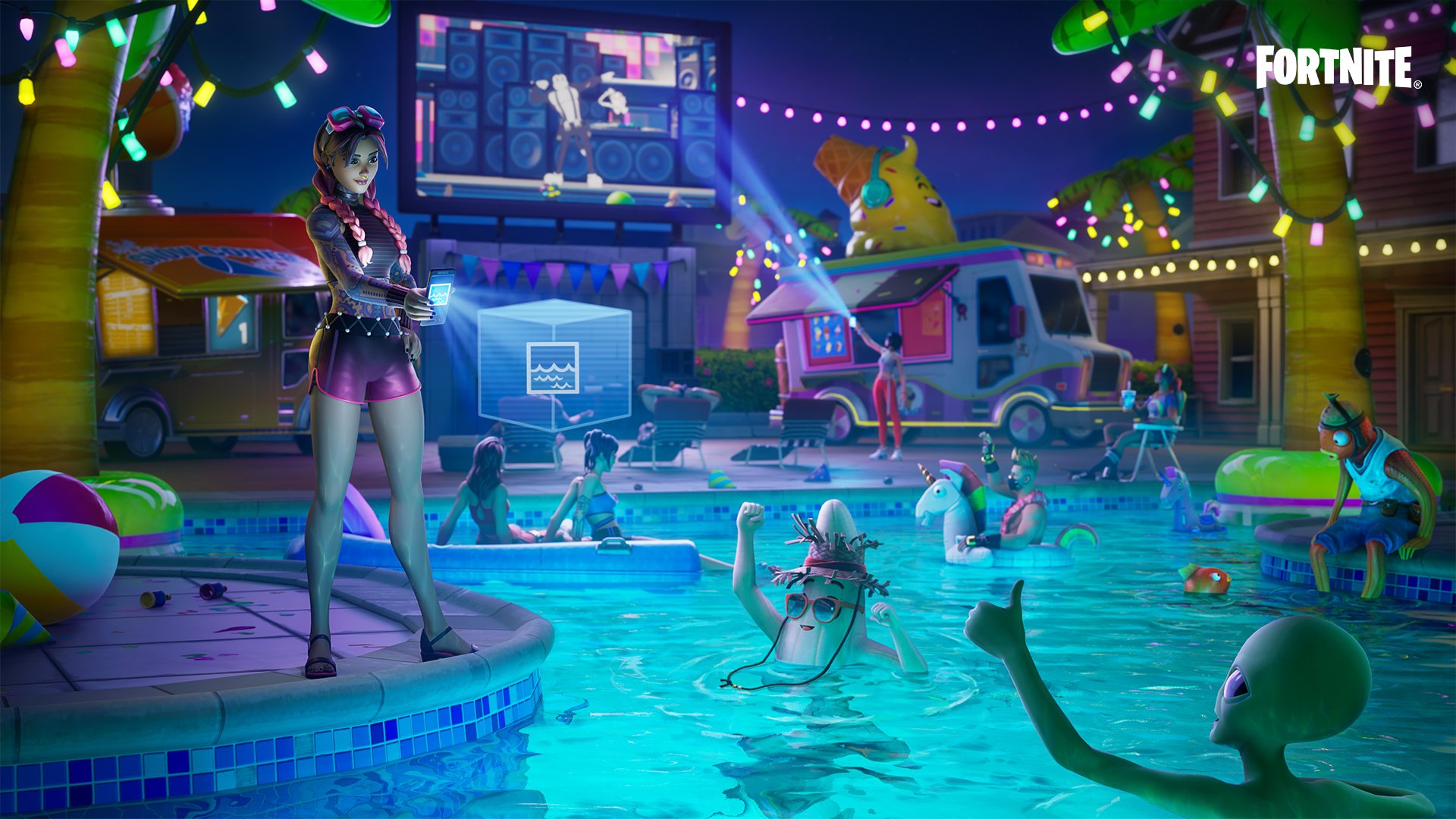 A bunch of fortnite characters hanging out in a pool, using the creative interface