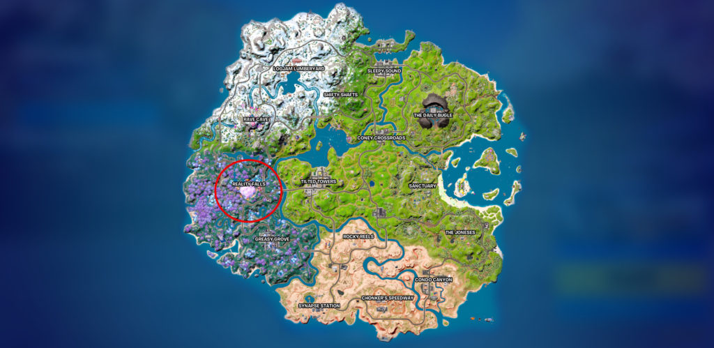 Fortnite chapter three season three map with reality falls circled