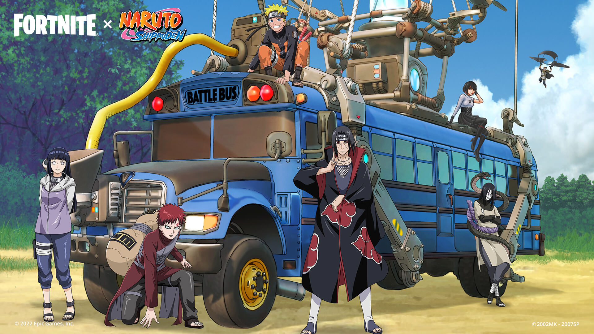 Hinata, Gaara, Orochimaru, and Itachi standing in front of the battle bus