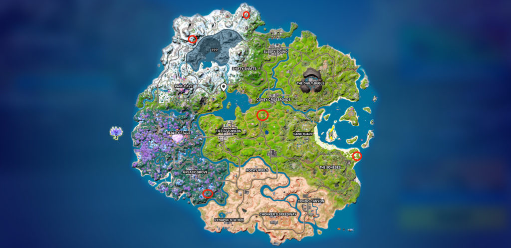 Карта третьего сезона третьей главы Fortnite с обведенными локациями