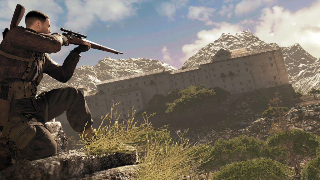 The player character takes aim in Sniper Elite 4.