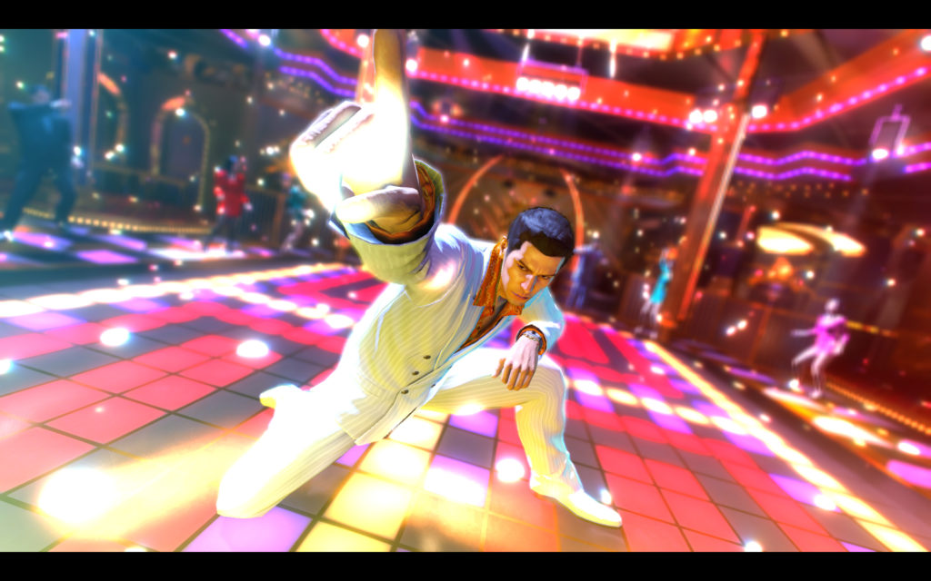 Kiryu busts a move on a disco dance floor.