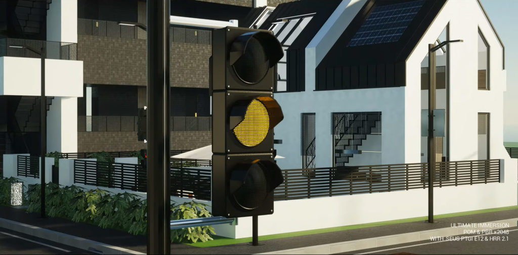 A traffic light stands before a modern house in the Ultimate Immersion resource pack.