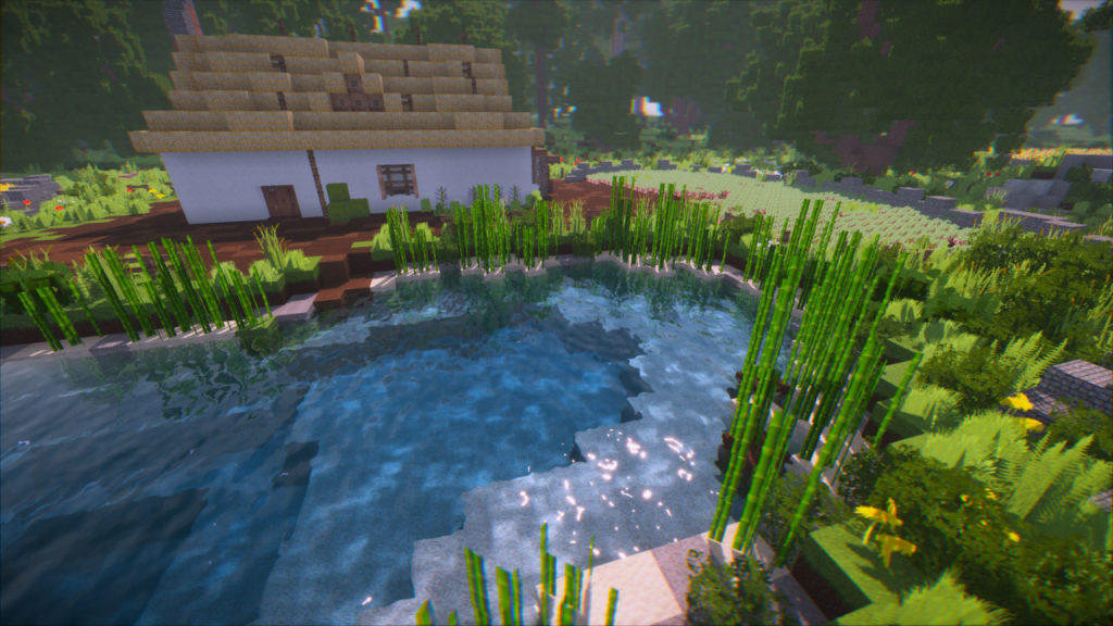 A screenshot of a Minecraft house and lake with ultra-realistic water textures.