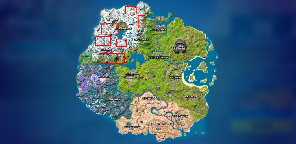 Carte Fortnite Chapter Three Season Three Avec Les Emplacements Des Pins En Bois Mis En Évidence