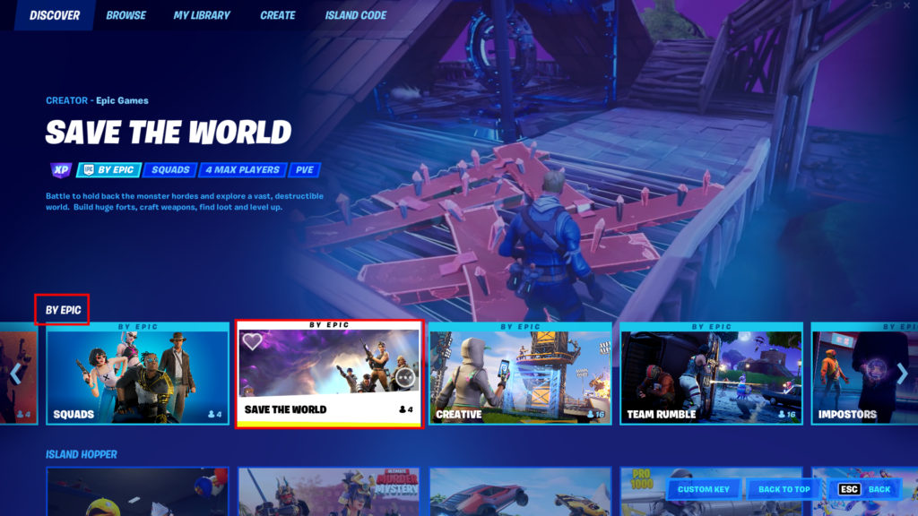 Fortnite mode selection screen on the Save the World card