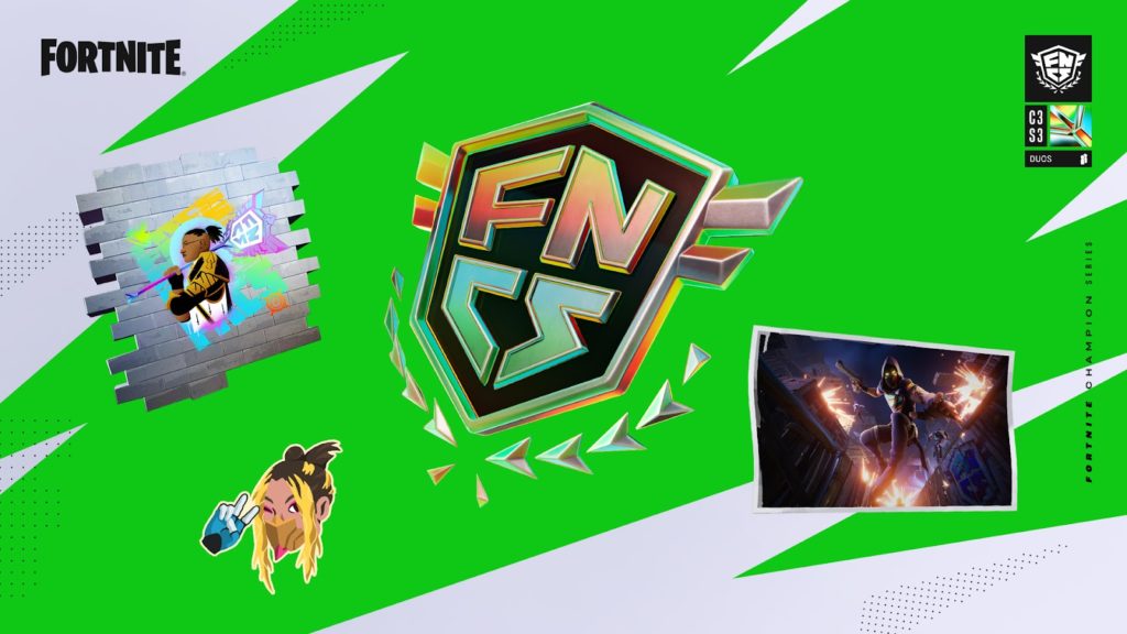A spray of Malik, an emoji, a shield with FNCS on it, and a loading screen