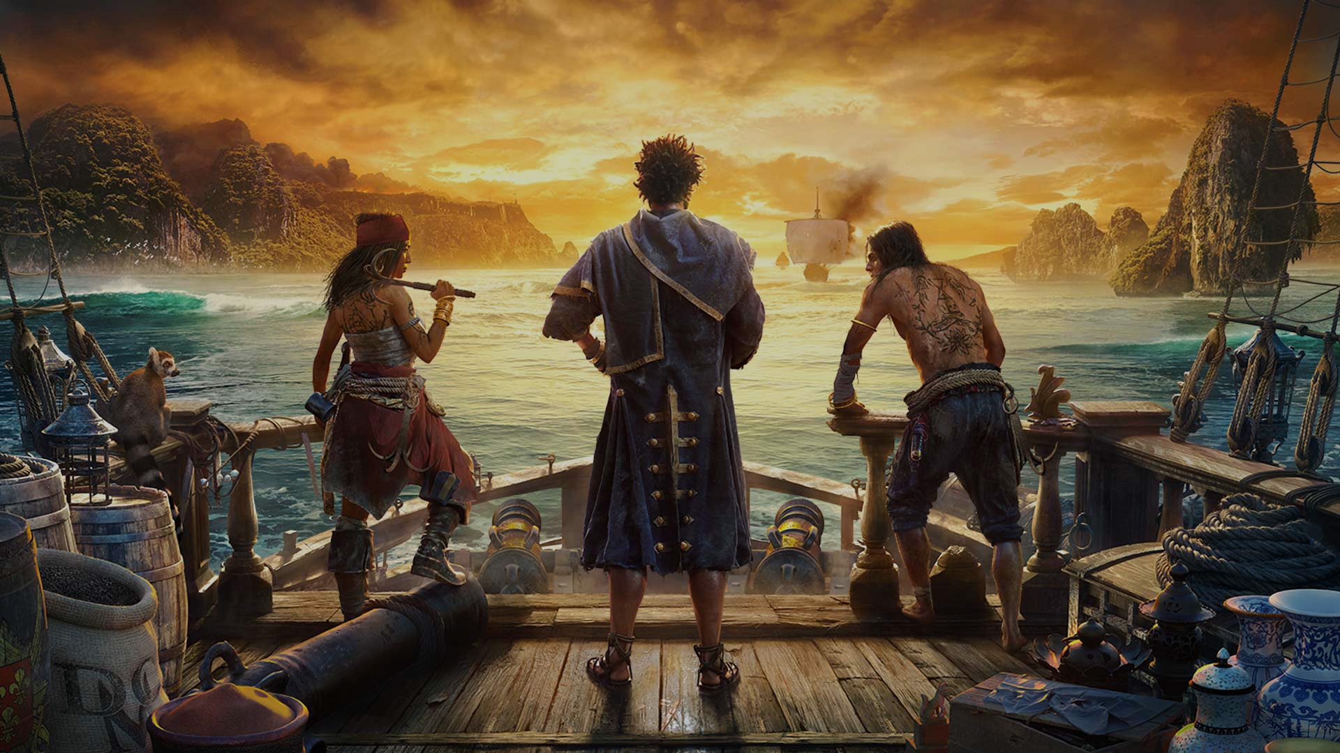 Three pirates stand on the back of a ship with their backs to the camera