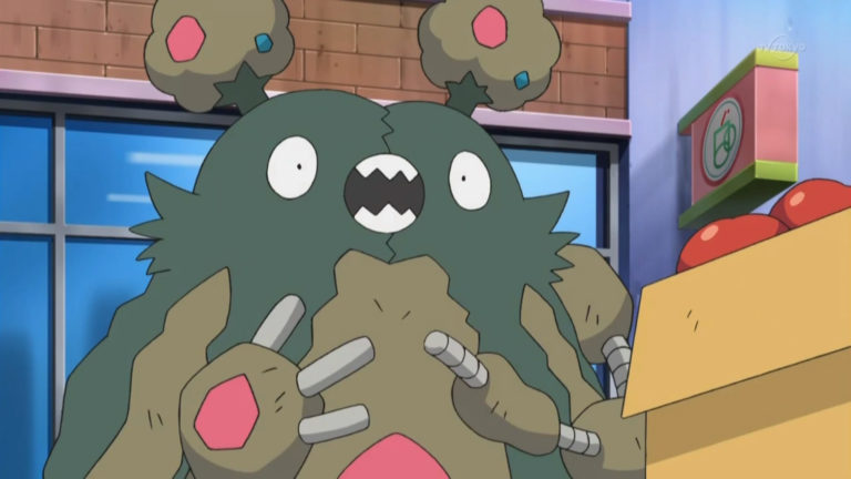 The Pokémon Garbador stands with its mouth open.