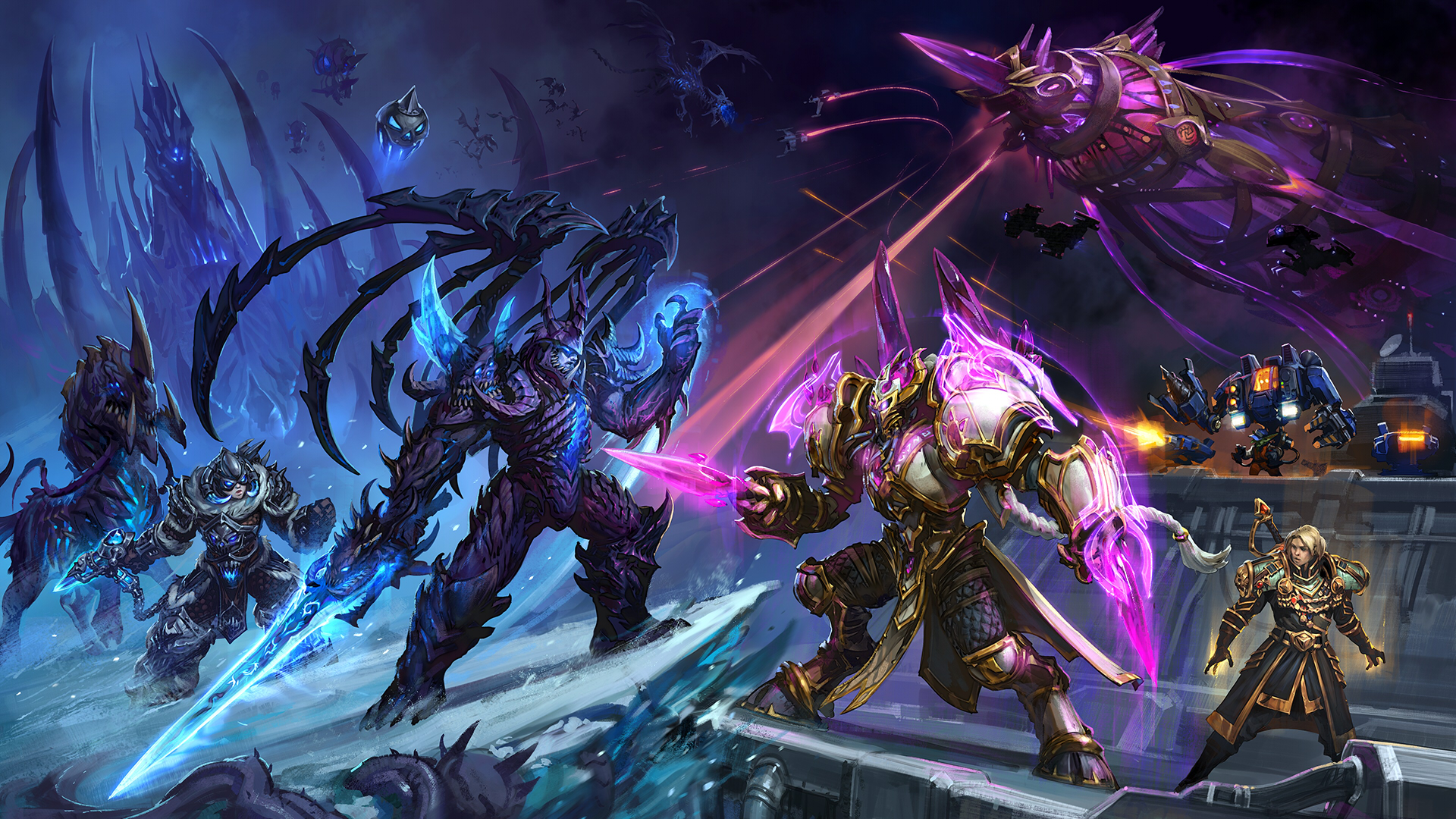 Arthas and Artanis duke it out amid a backdrop of other heroes.