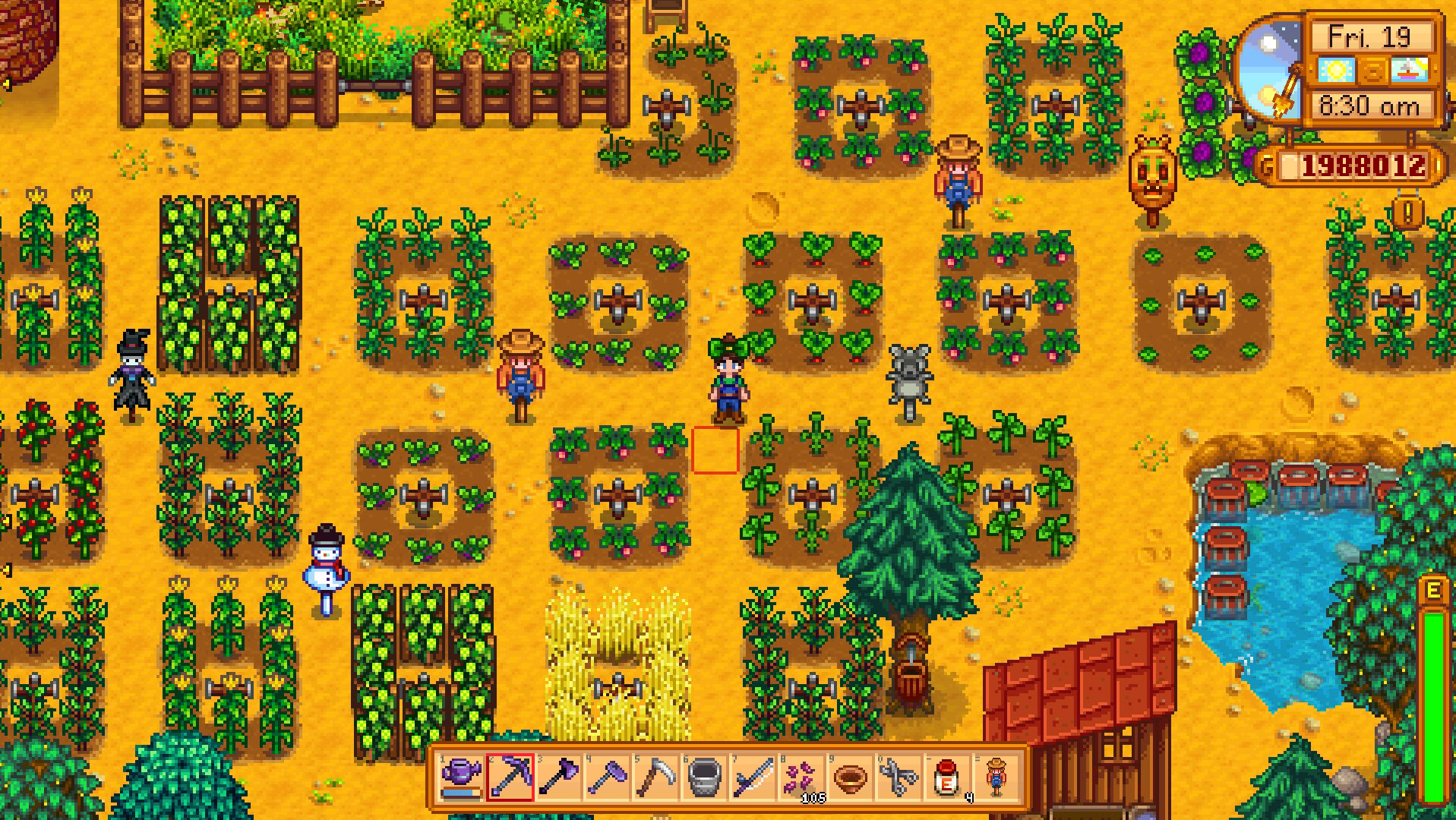 The player stands in a field full of crops and scarecrows.